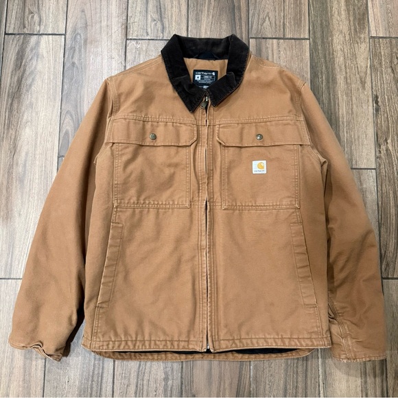 Carhartt Other - Carhartt Tan Canvas Zip-Front Field Jacket with Dark Brown Corduroy Collar